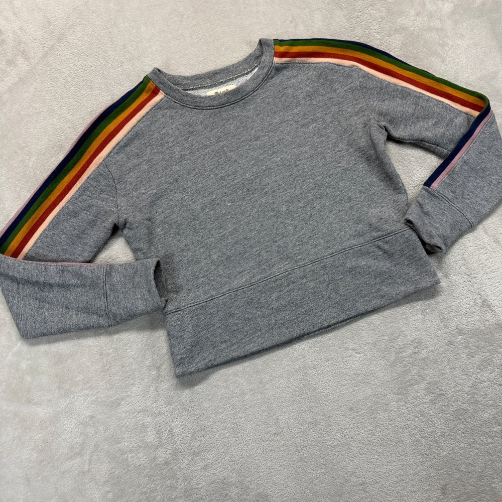 Madewell Sweatshirt Women's XS Gray Rainbow Stripe Cropped Spring Retro Crewneck